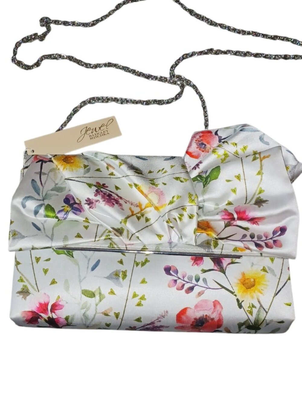 NWT Jewel by Badgley Mischka White Floral Satin Evening Clutch Crossbody Bag